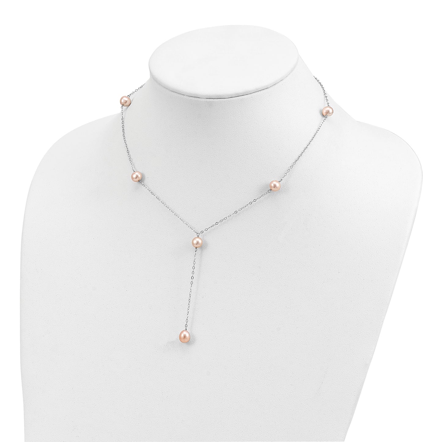 Sterling Silver Rhodium-plated 6-8mm Pink Teardrop and Semi-Round Freshwater Cultured Pearl 6-Station Y-Drop 16 inch Necklace