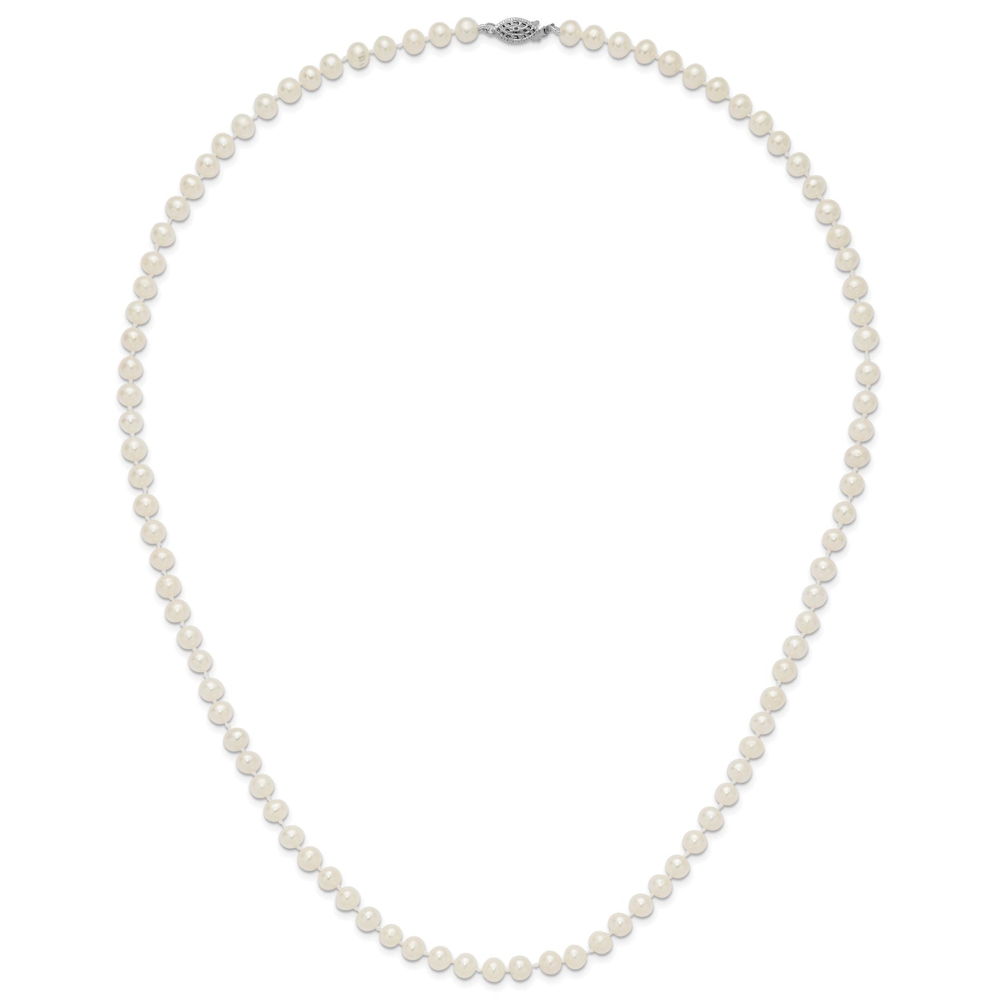 Sterling Silver Rhodium-plated 6-7mm White Near-Round Freshwater Cultured Pearl 24 inch Necklace