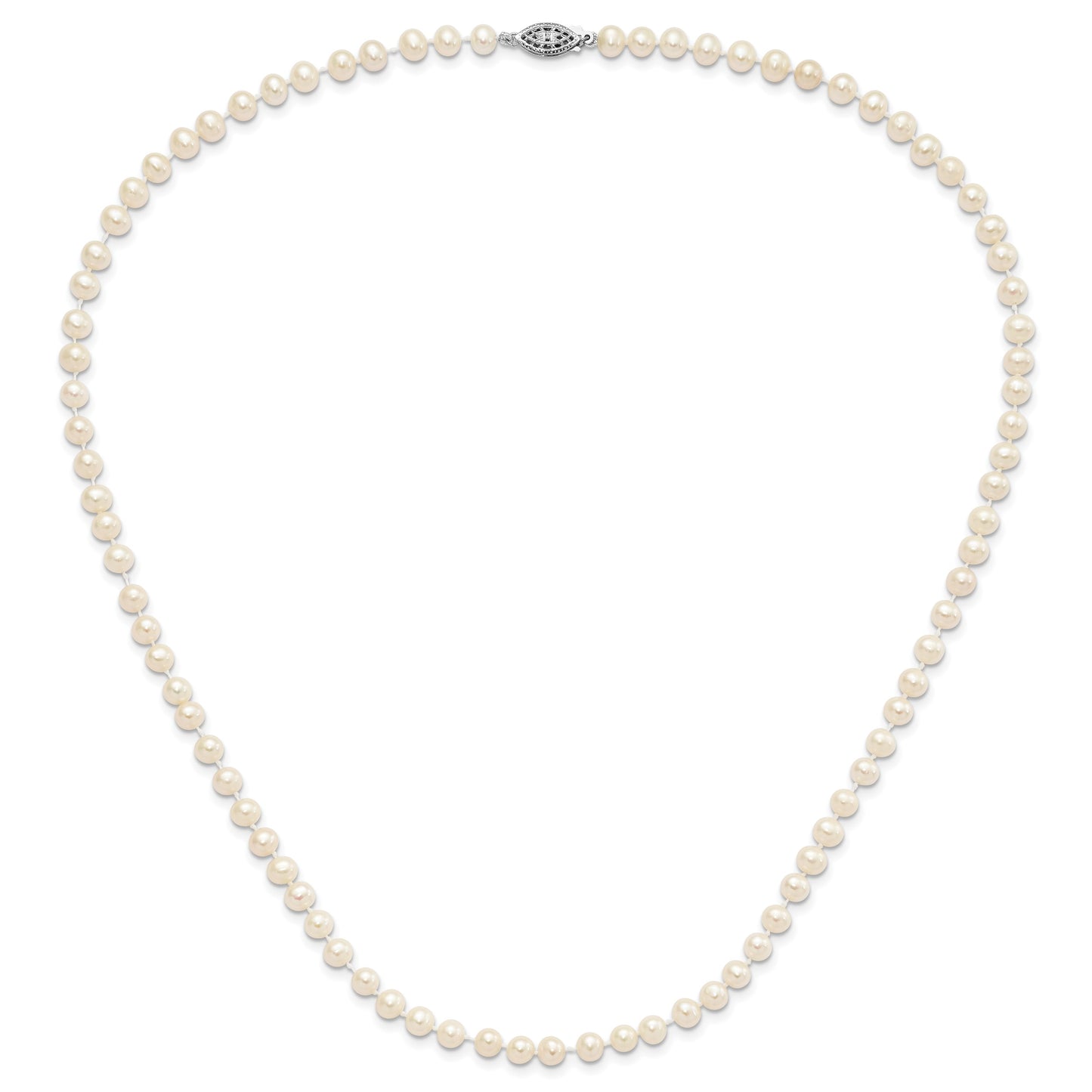 Sterling Silver Rhodium-plated 5-6mm White Near-Round Freshwater Cultured Pearl 20 inch Necklace