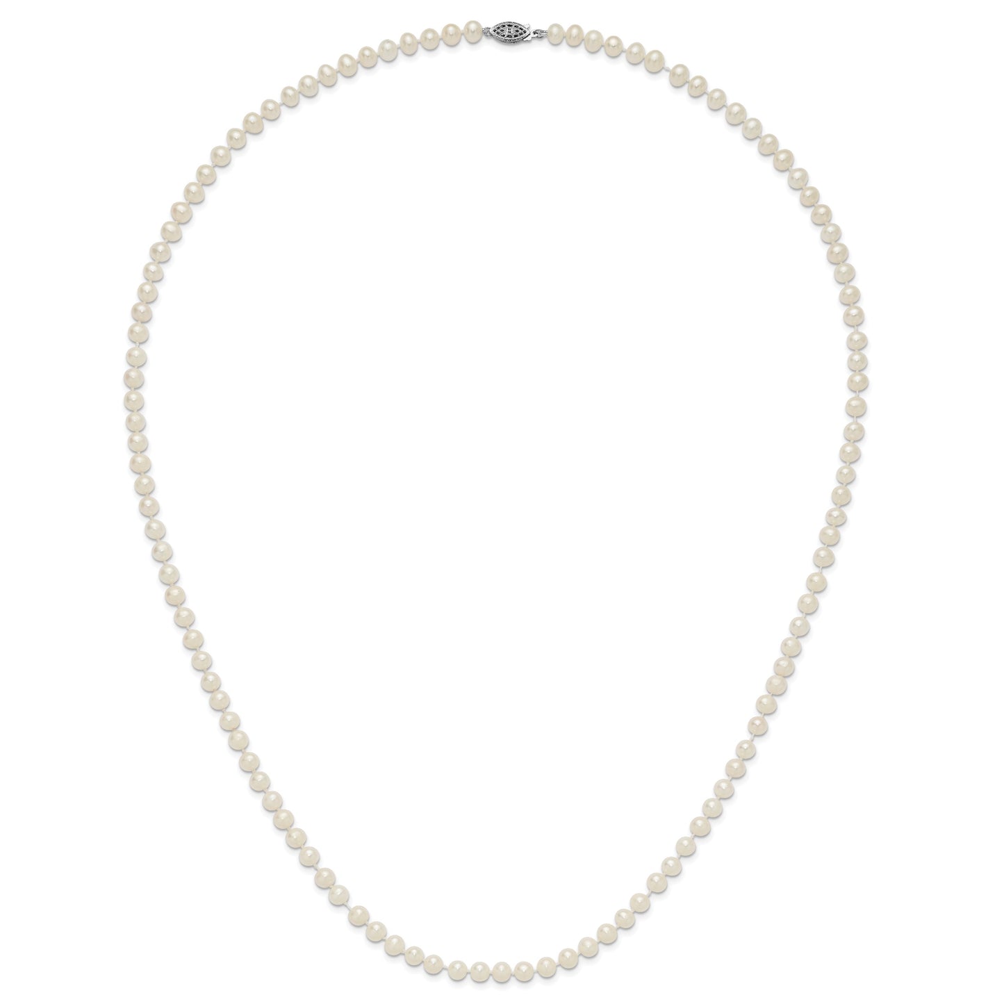 Sterling Silver Rhodium-plated 5-6mm White Near-Round Freshwater Cultured Pearl 28 inch Necklace