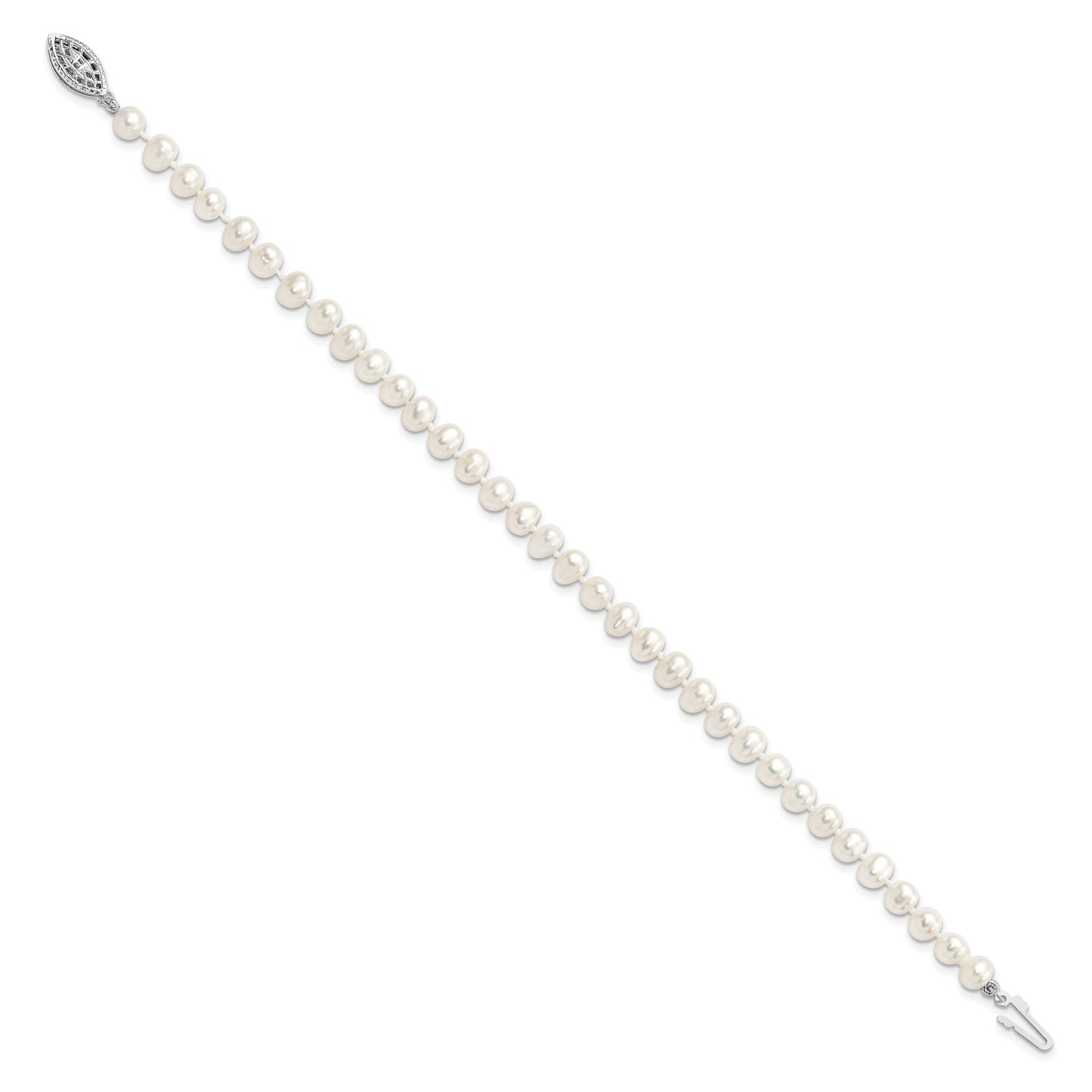 Sterling Silver Rhodium-plated 5-6mm White Near Round Freshwater Cultured Pearl 8.25 inch Bracelet