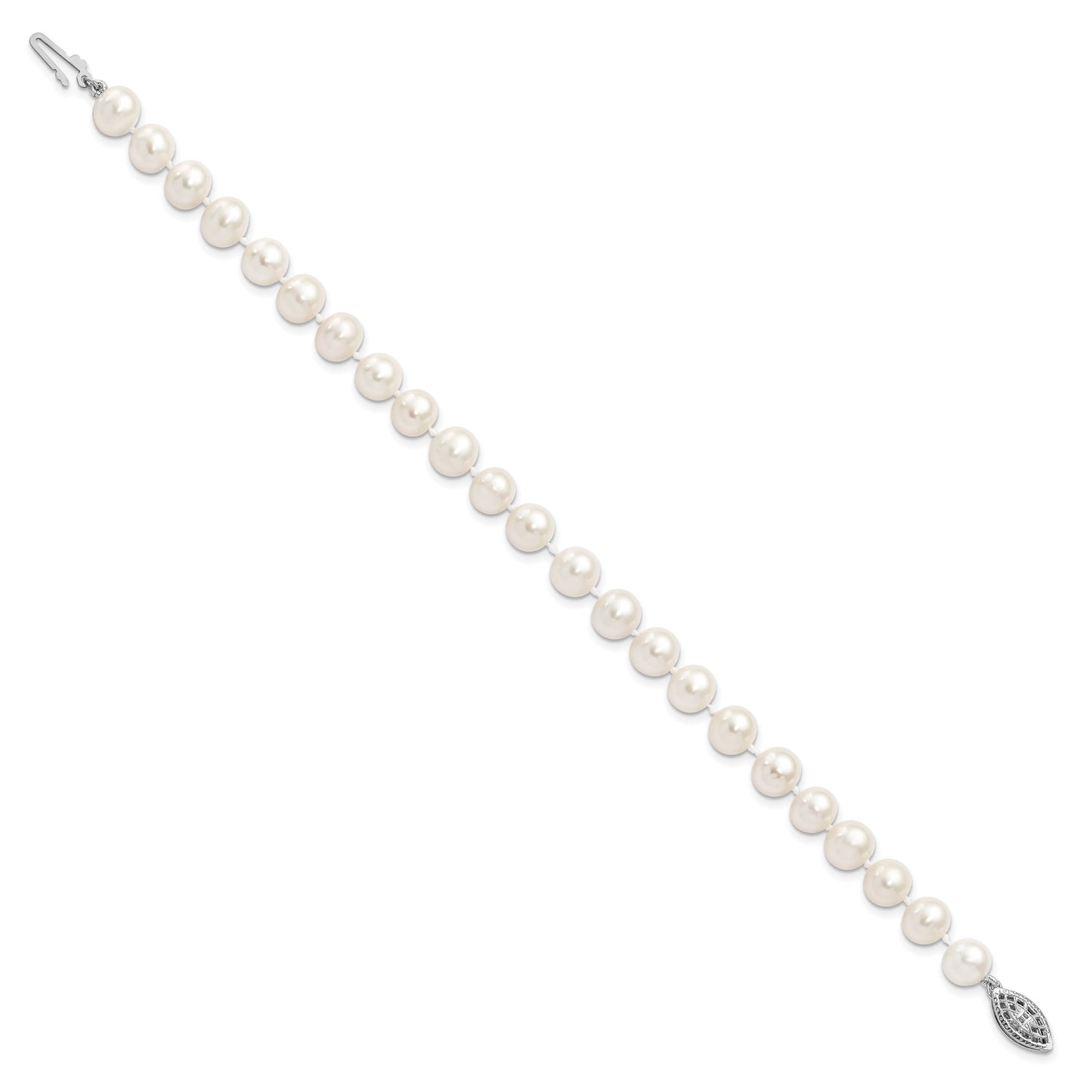Sterling Silver Rhodium-plated 7-8mm White Near Round Freshwater Cultured Pearl8.25 inch Bracelet