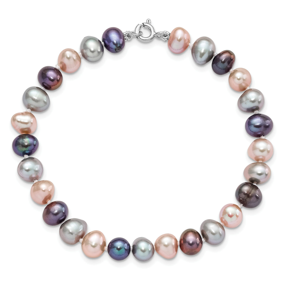 Sterling Silver Rhodium-plated 6-7mm Black, Pink and Gray Semi-Round Freshwater Cultured Pearl 18 inch Necklace, 7.25 inch Bracelet and 3-piece Button Post Earrings Set