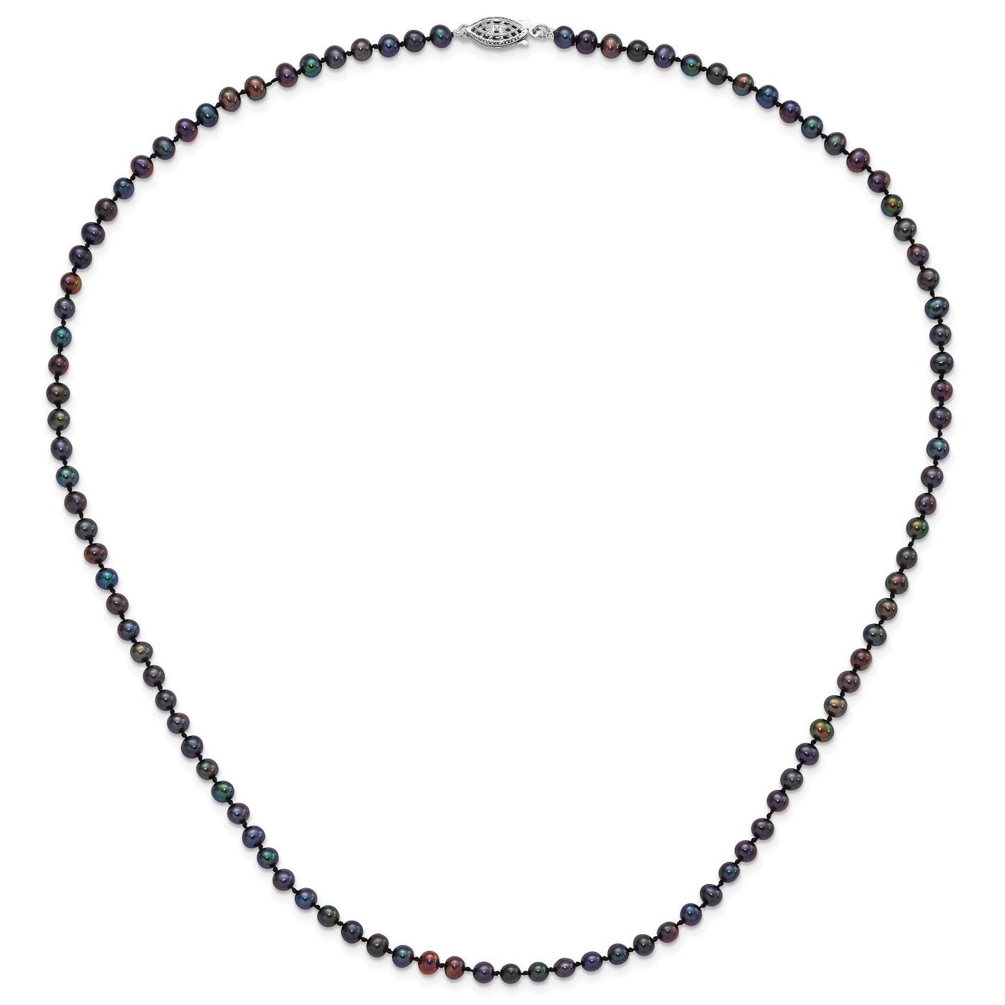 Sterling Silver Rhodium-plated 4-5mm Black Near-Round Freshwater Cultured Pearl 20 inch Necklace