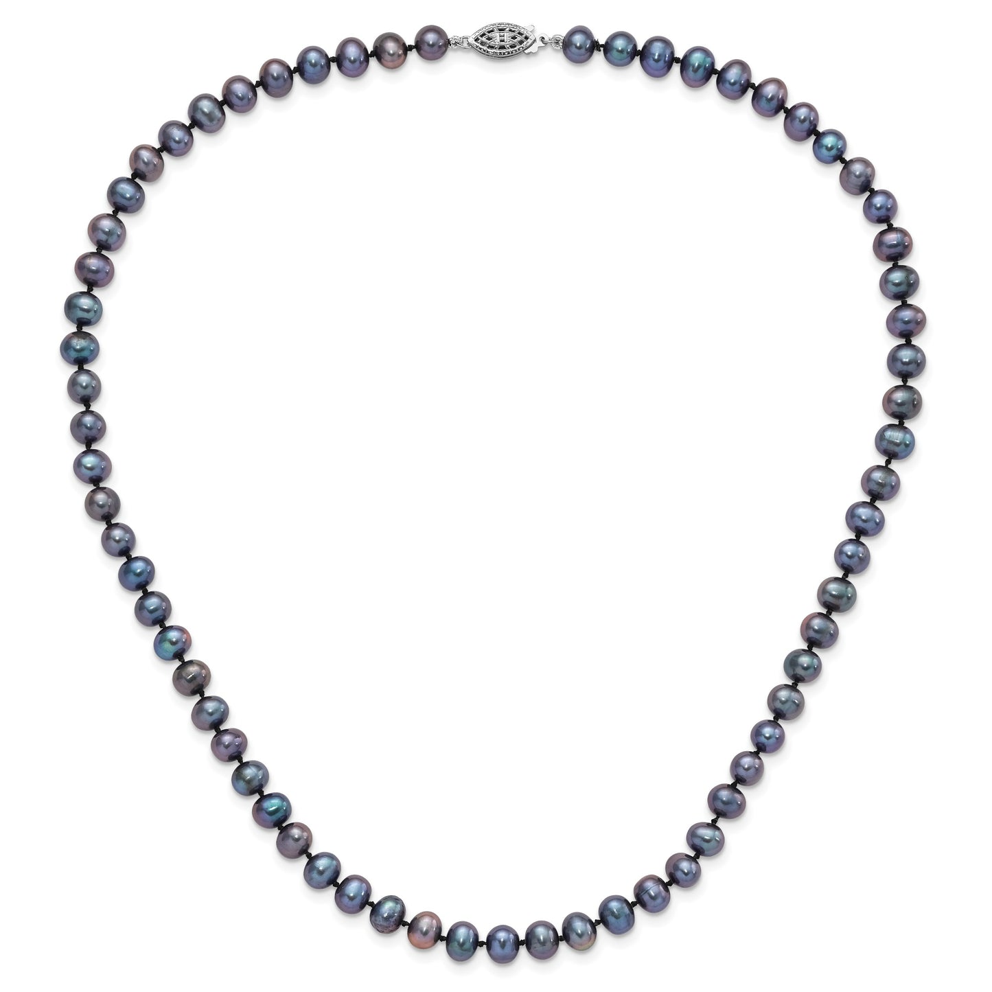 Sterling Silver Rhodium-plated 6-7mm Black Near-Round Freshwater Cultured Pearl 18 inch Necklace