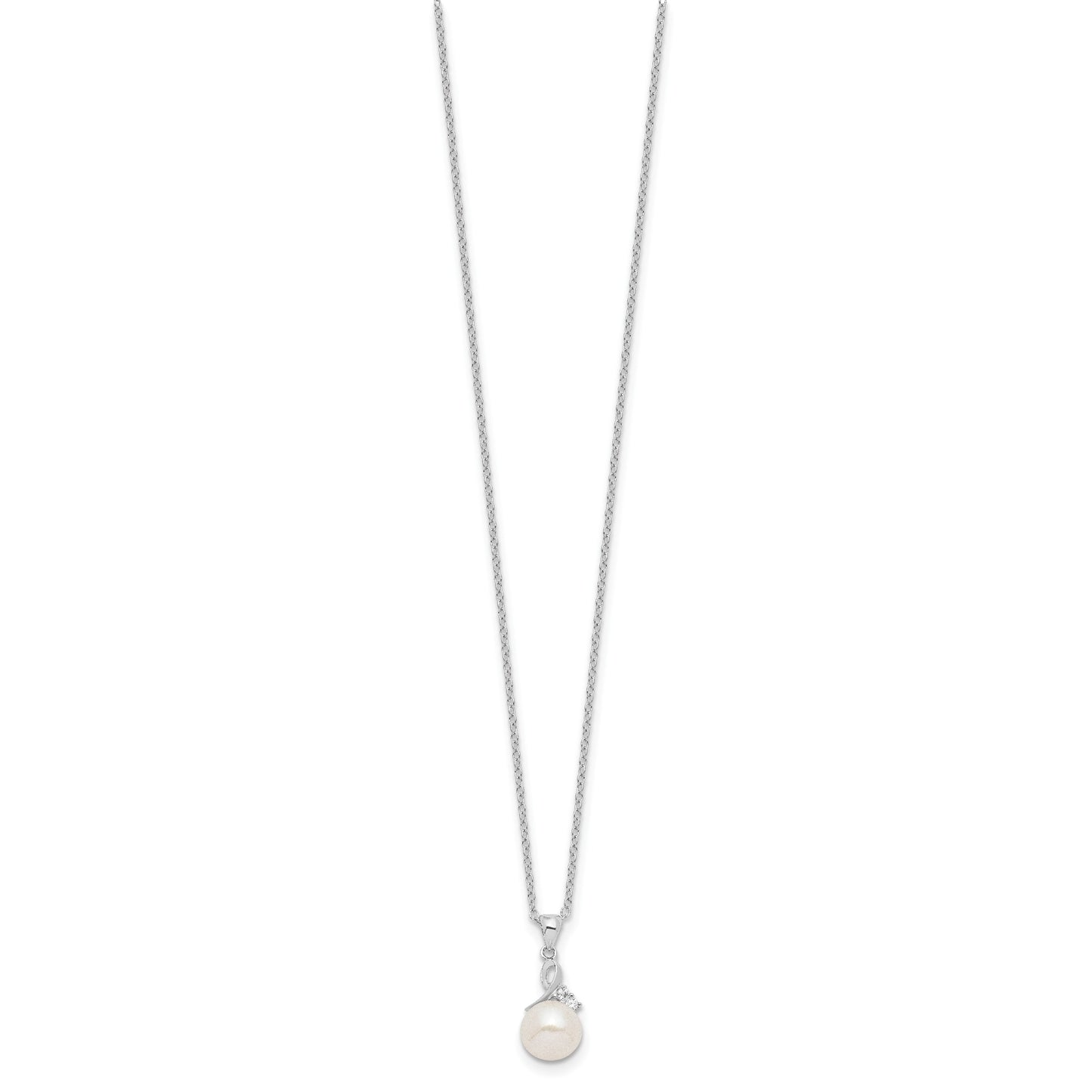Sterling Silver Rhodium-plated 7-8mm White Semi-Round Freshwater Cultured Pearl and CZ 17 inch Necklace and Dangle Earrings Set