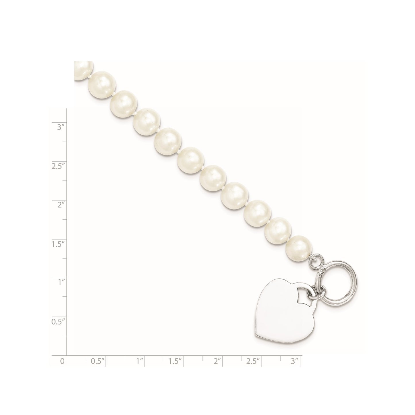 Sterling Silver Rhodium-plated 8-9mm White Near-Round Freshwater Cultured Pearl Heart Toggle 7.5 inch Bracelet