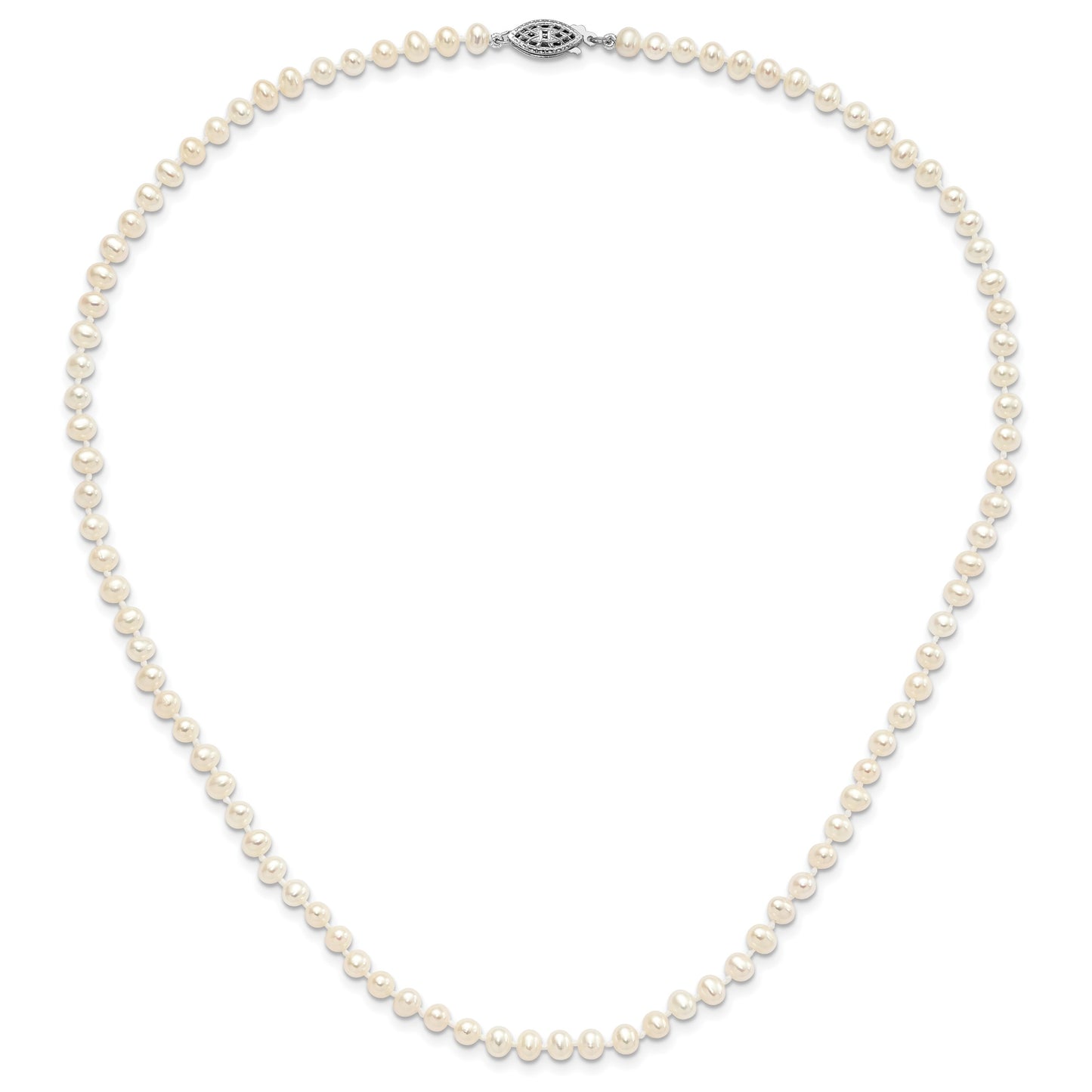 Sterling Silver Rhodium-plated 4-5mm White Near-Round Freshwater Cultured Pearl 18 inch Necklace