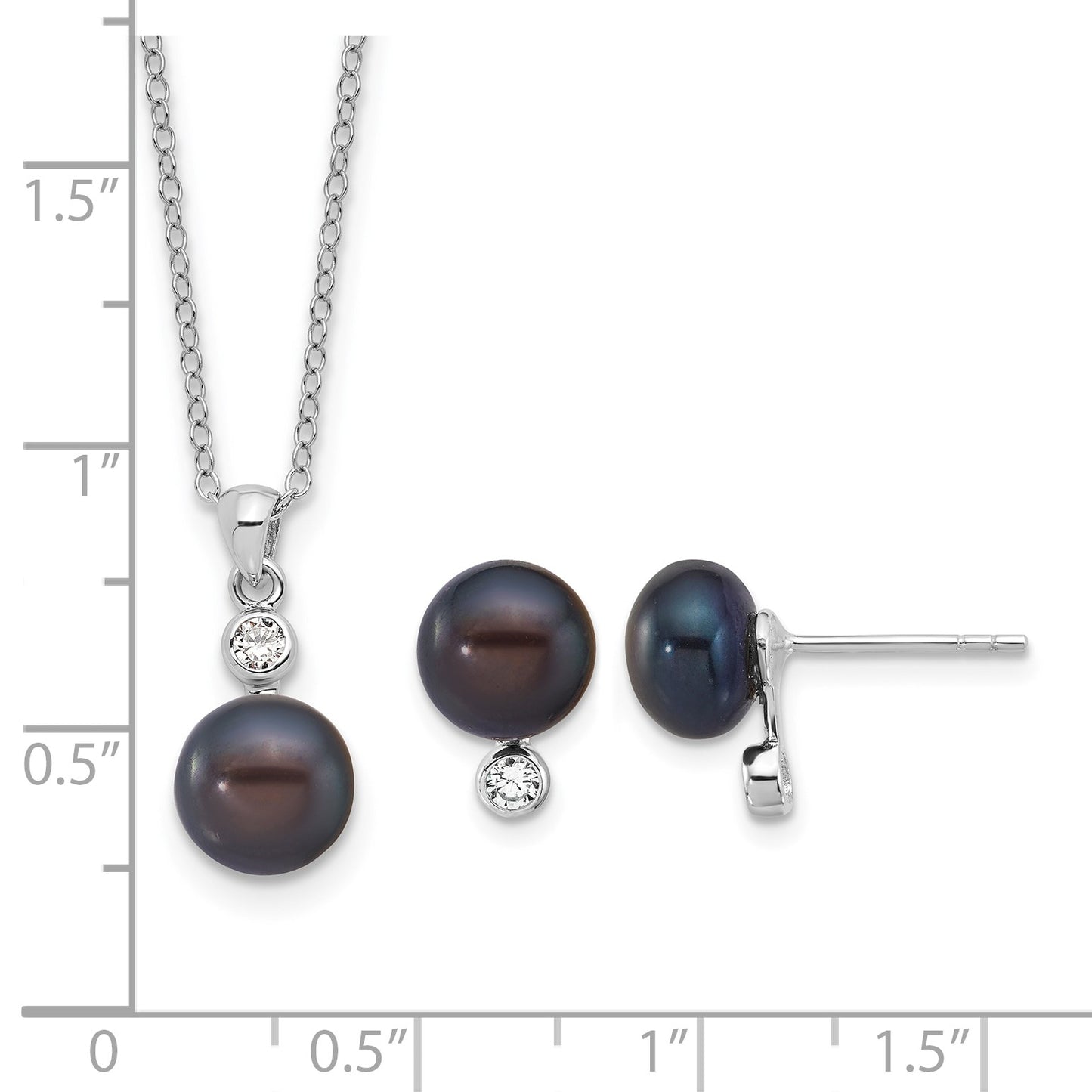 Sterling Silver Rhodium-plated 8-9mm Black Button Freshwater Cultured Pearl and CZ 17 inch Necklace and Post Earrings Set