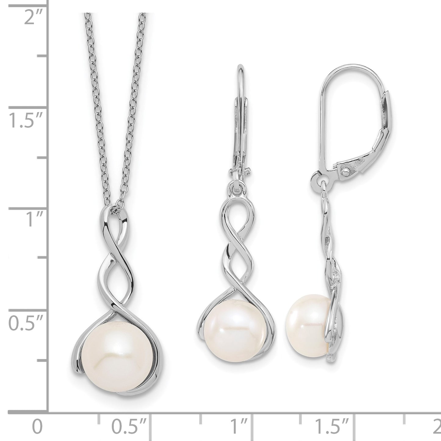 Sterling Silver Rhodium-plated 8-9mm White Button Freshwater Cultured Pearl 17 inch Necklace and Leverback Dangle Earrings Set