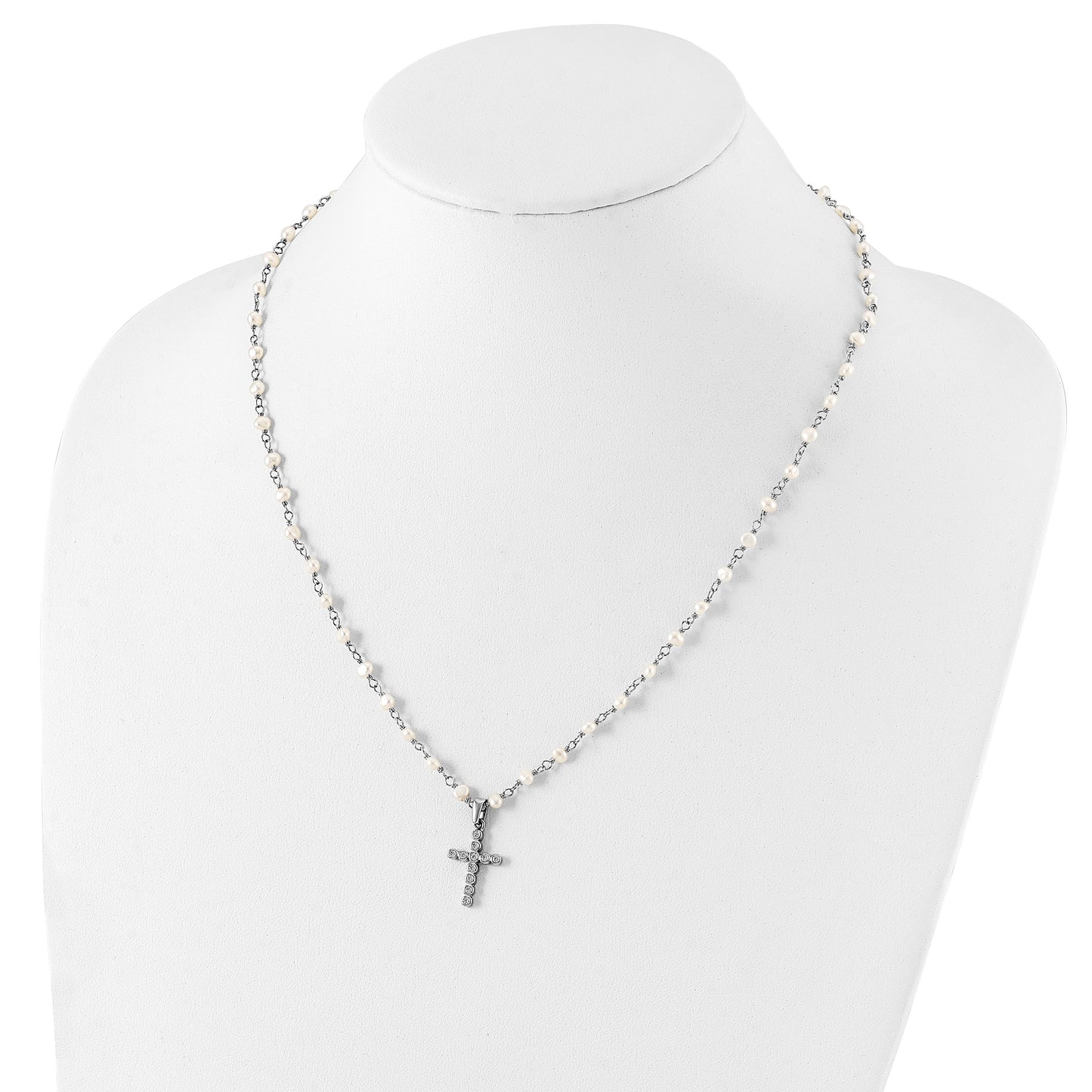 Sterling Silver Rhodium-plated 4-5mm White Near-Round Freshwater Cultured Pearl and CZ Cross 21 inch Necklace