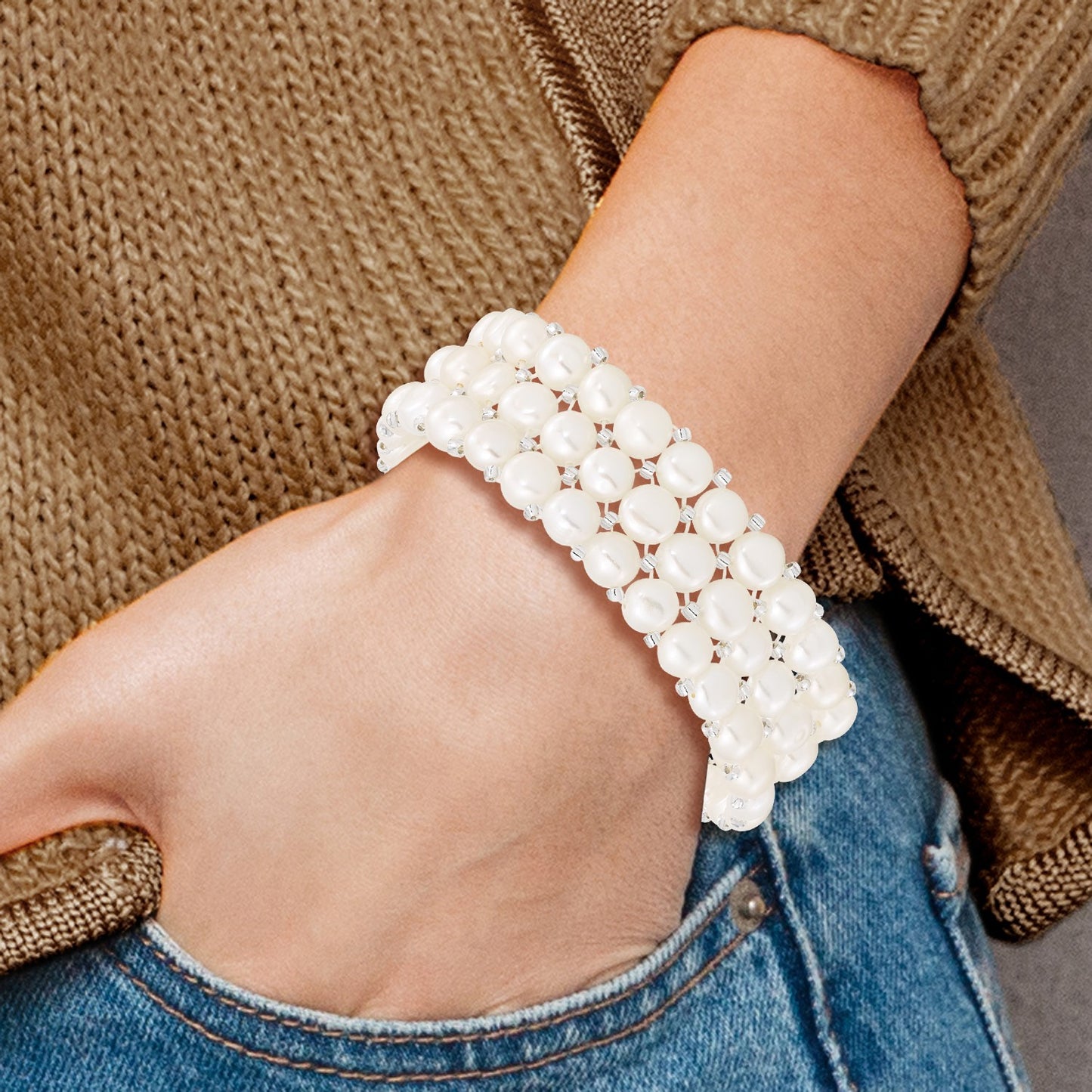 6-7mm White Button Freshwater Cultured Pearl and Glass Beaded 3-row Stretch Bracelet