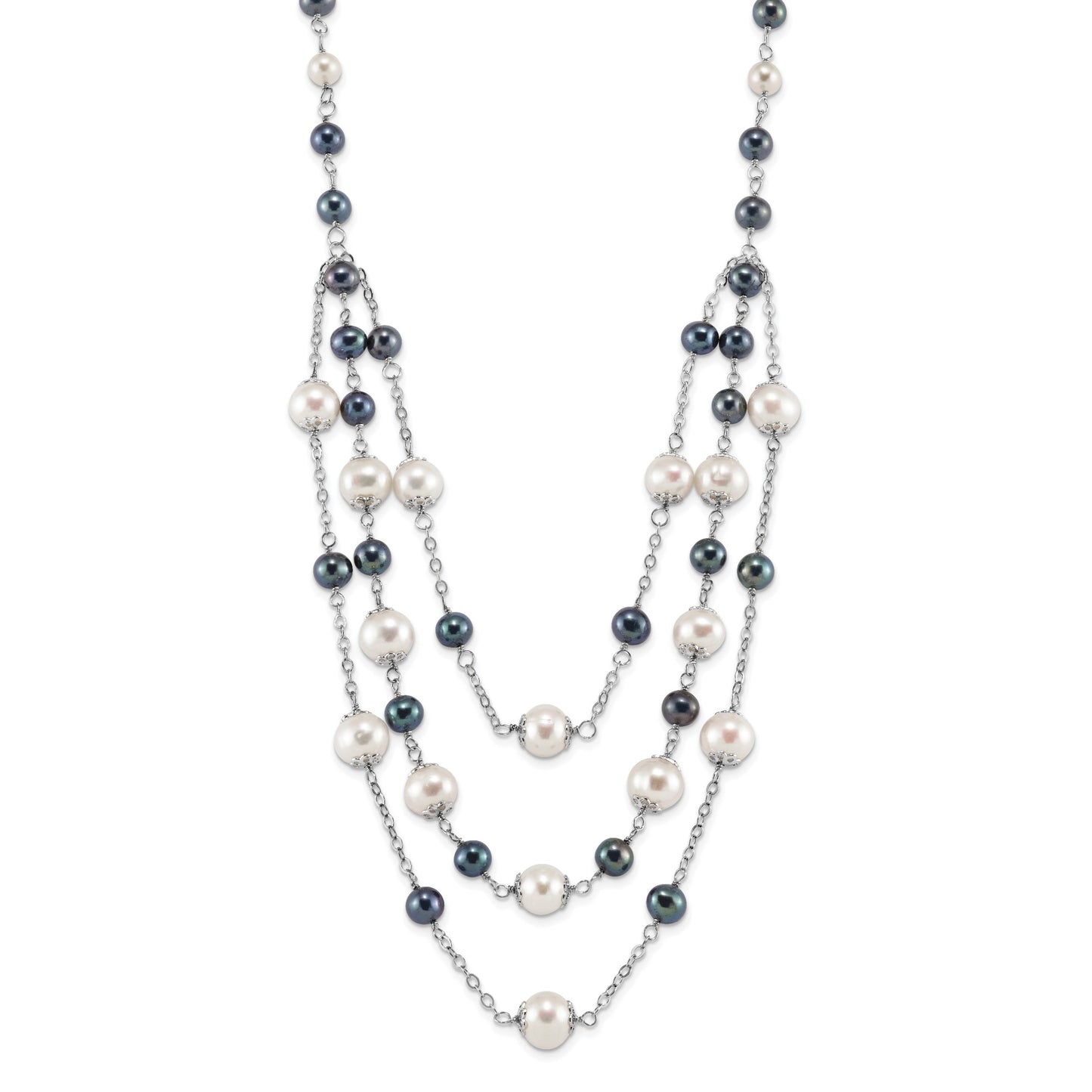 Sterling Silver Rhodium-plated 6-10mm White and Black Freshwater Cultured Pearl Layered 17 inch with 2 inch Extension Necklace