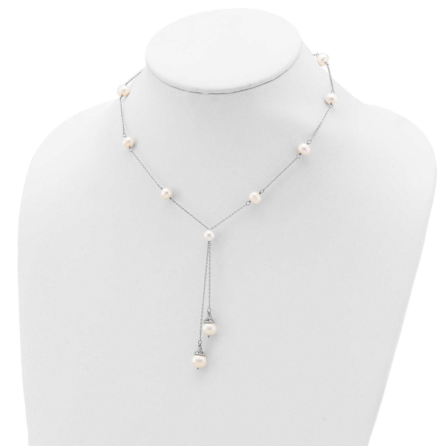 Sterling Silver Rhodium-plated 6-9mm White Teardrop and Semi-Round Freshwater Cultured Pearl 9-Station 2 drop 16 inch with 2 inch Extension Necklace