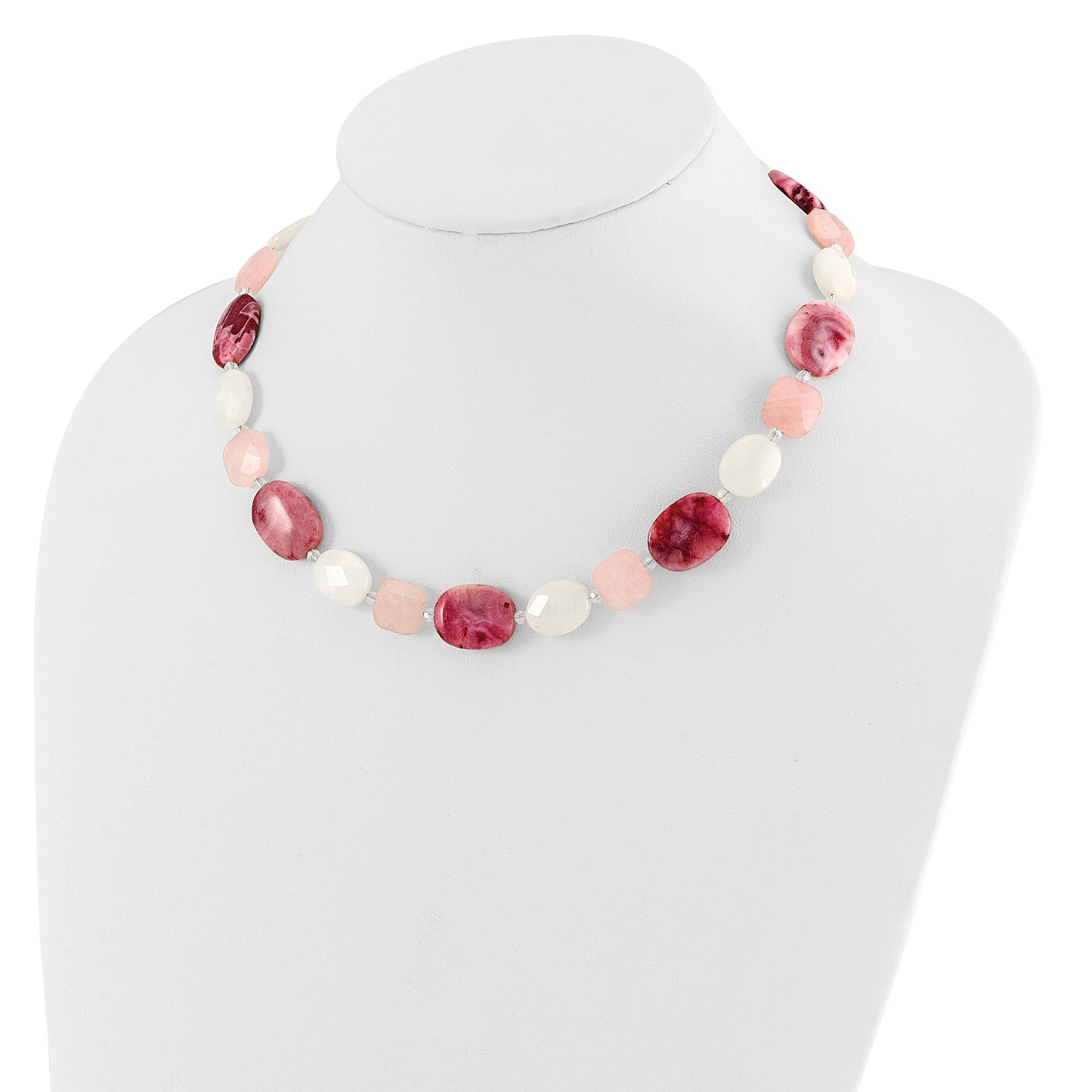 Sterling Silver Pink Agate/Quartz, Jade, Crystal w/2in ext Necklace