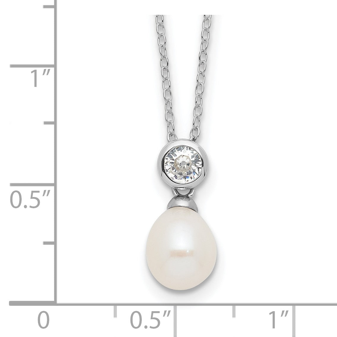 Sterling Silver Rhodium-plated 7-8mm White Rice Freshwater Cultured Pearl and CZ 17 inch Necklace