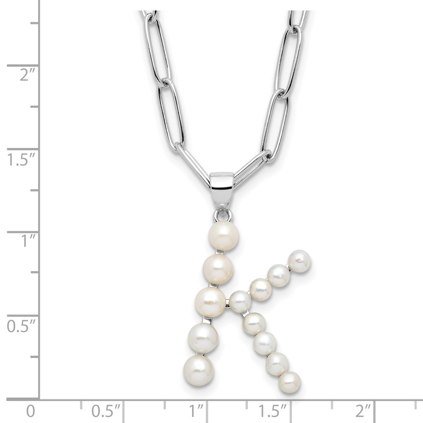 Sterling Silver Rhodium-plated 3-5.5mm White Button Freshwater Cultured Pearl LETTER K 18 inch Necklace