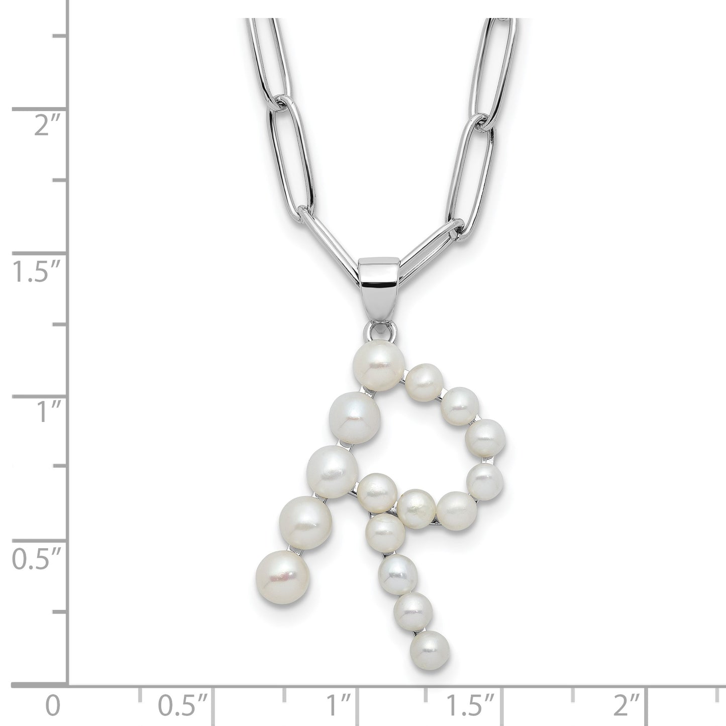Sterling Silver Rhodium-plated 3-5.5mm White Button Freshwater Cultured Pearl LETTER R 18 inch Necklace