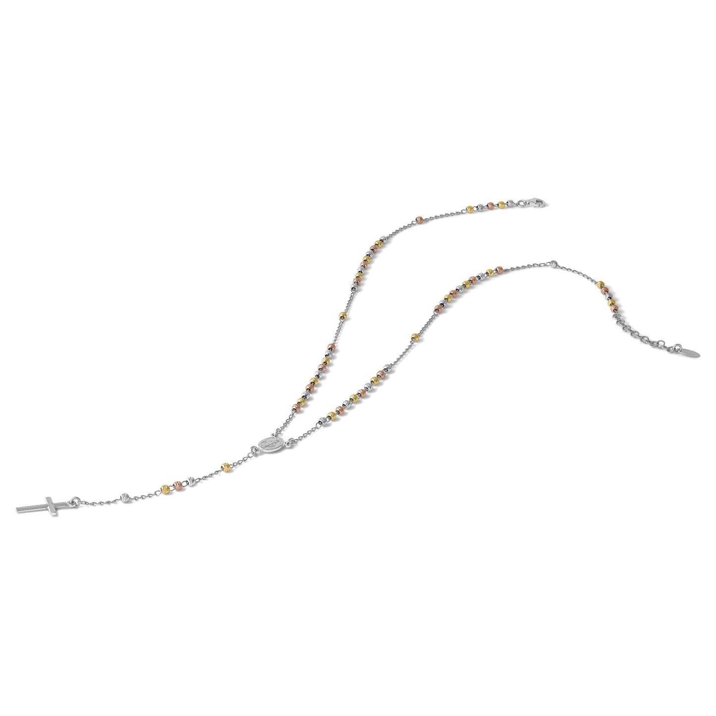 Sterling Silver Rhodium-plated Diamond-cut Tri-color Gold-plated 18.5 inch with 1 inch extender Rosary Necklace