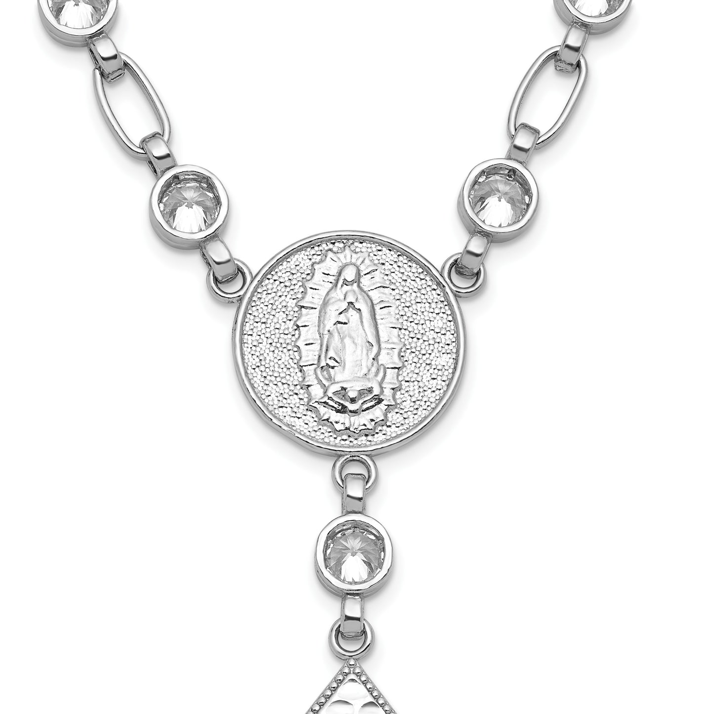 Sterling Silver Rhodium-plated Polished Round CZ 25.25 inch Rosary Necklace