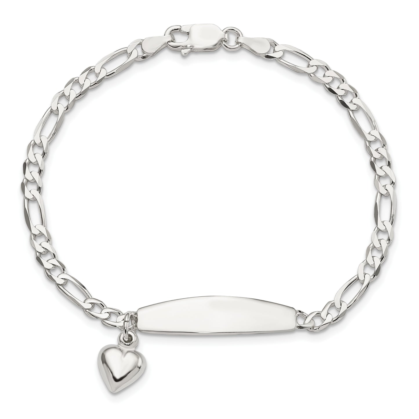 Sterling Silver Polished Figaro ID Heart Dangle 8.5in Bracelet