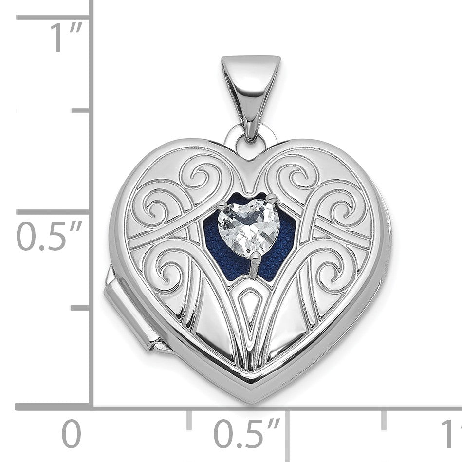 Sterling Silver Rhodium-plated White Topaz April Birthstone 18mm Heart Locket