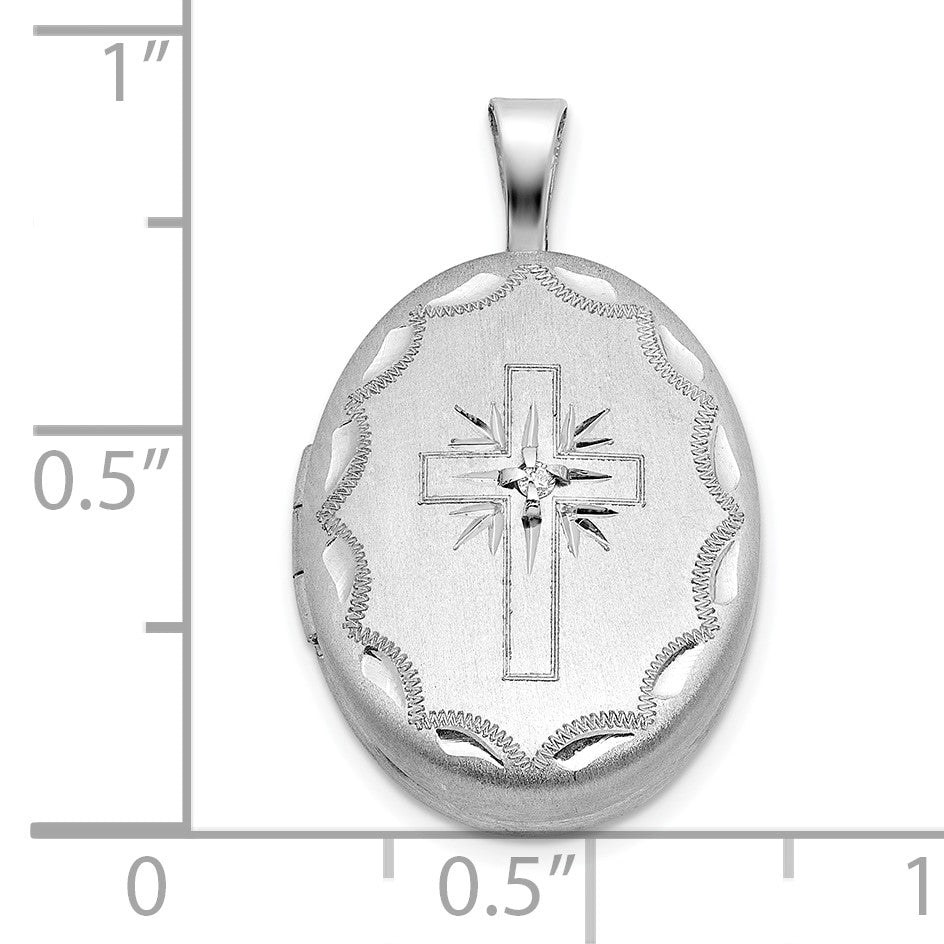 Sterling Silver Rhodium-plated Brushed 1/20 carat Diamond Engraved Cross 16mm Oval Locket