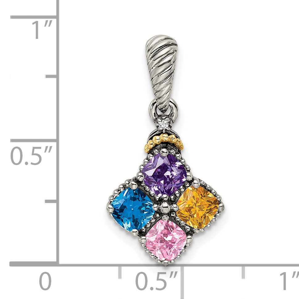Sterling Silver Antiqued w/14k 4-stone w/Diamond Mothers Pendant Semi-Mount