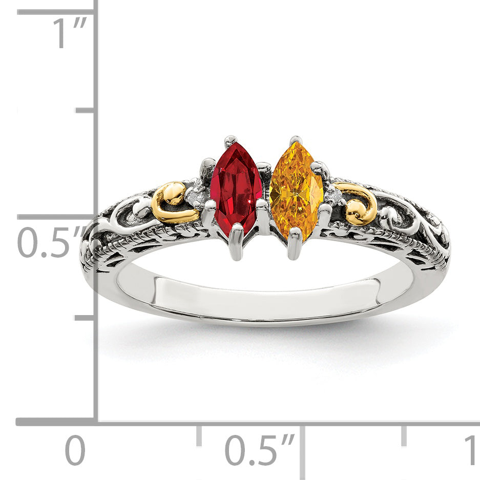 Sterling Silver Antiqued w/14k 2-stone w/Diamond Mother's Ring Semi-Mount