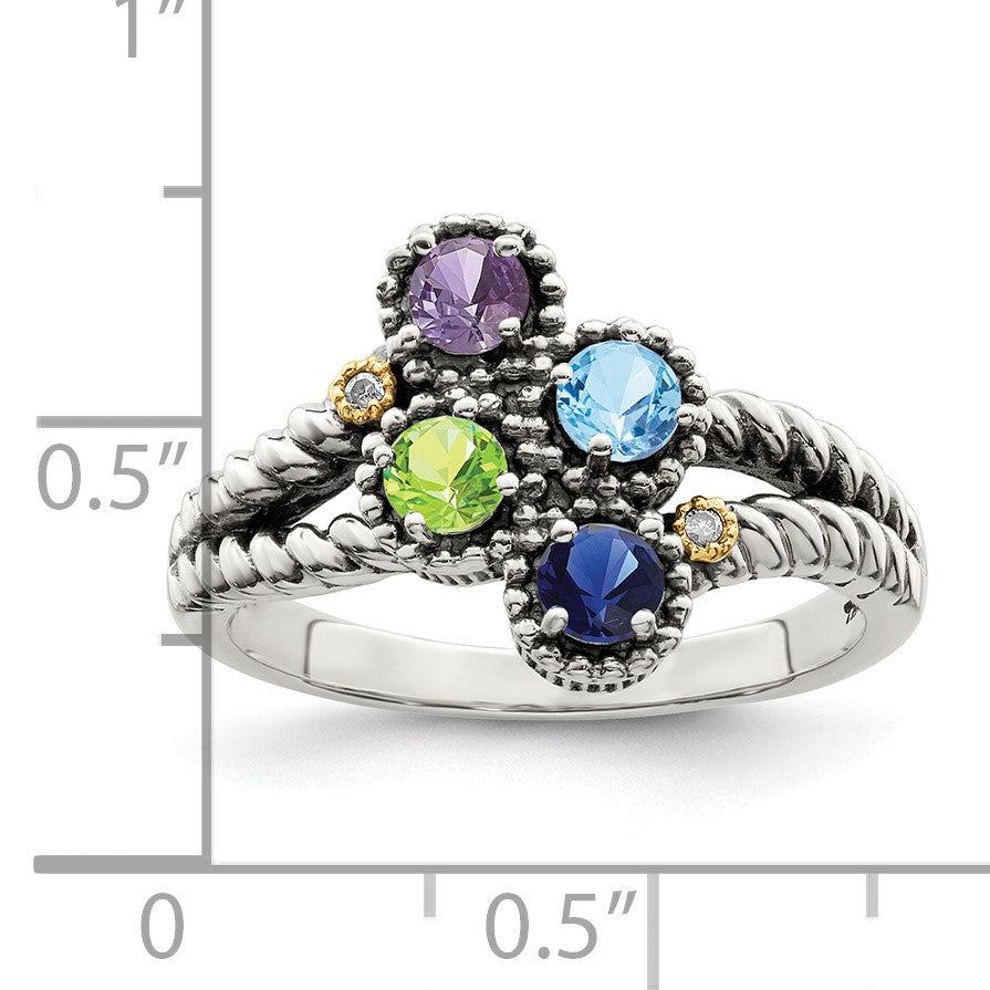 Sterling Silver Antiqued w/14k 4-stone w/Diamond Mother's Ring Semi-Mount