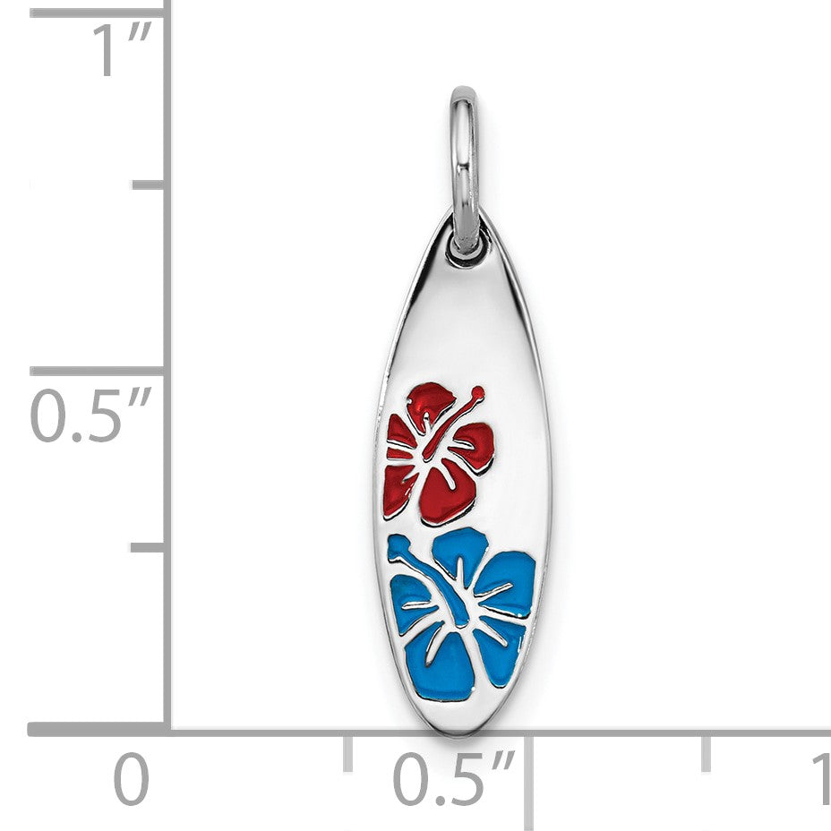 Sterling Silver Rhodium-plated Polished Enamel Flower Surfboard Pendant