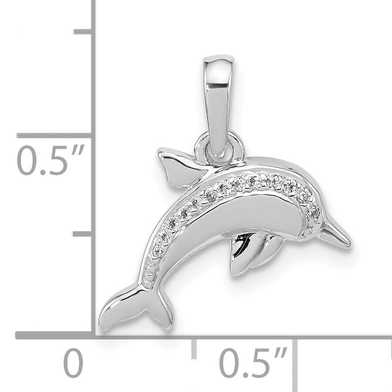 Sterling Silver Rhodium-plated Polished CZ Dolphin Pendant