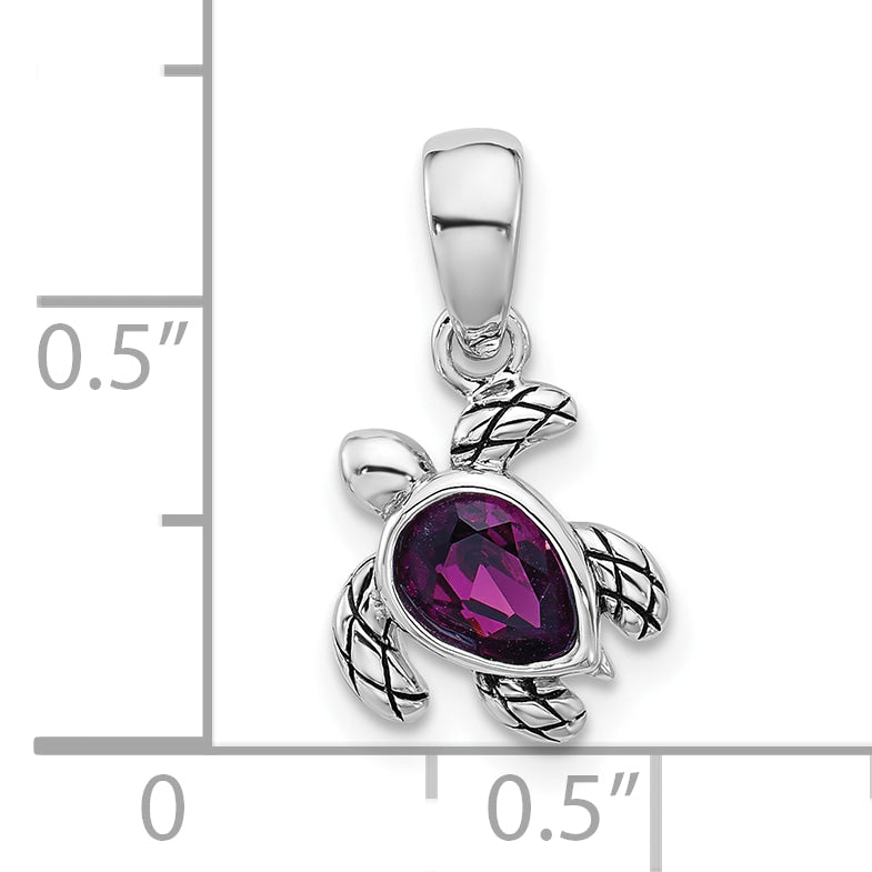 Sterling Silver Rhodium-plated Polished and Antiqued Crystal February Birthstone Turtle Pendant