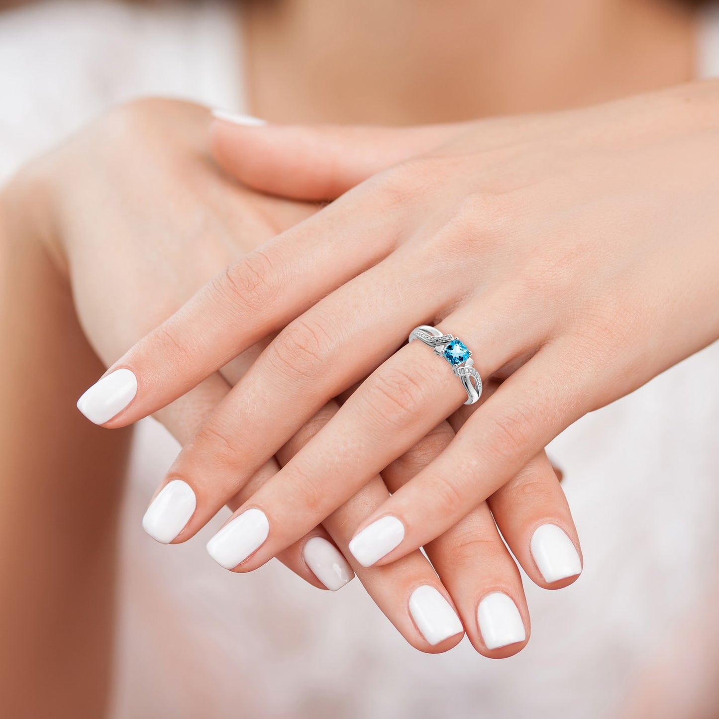 Sterling Silver Rhodium Light Swiss Blue Topaz & Diam. Ring