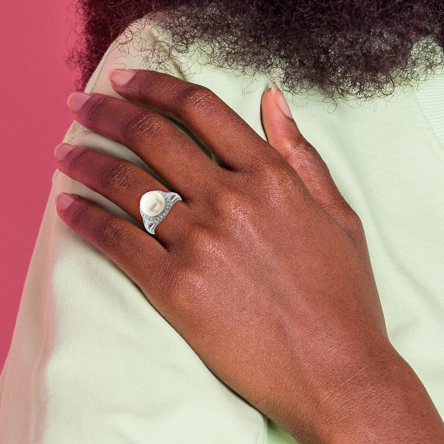 Sterling Silver Rhodium-plated 10-11mm White Button Freshwater Cultured Pearl and CZ Ring