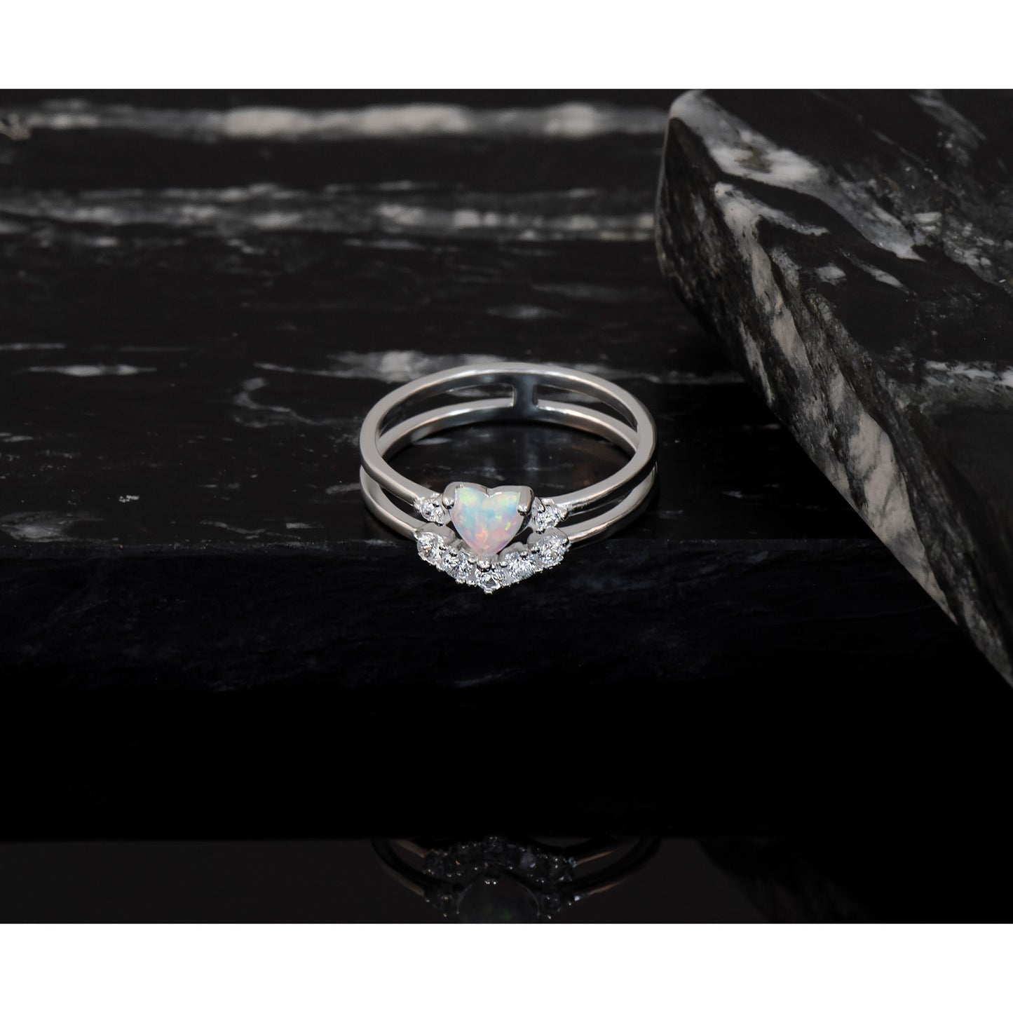 Sterling Silver CZ & Heart Created White Opal Double Band Ring
