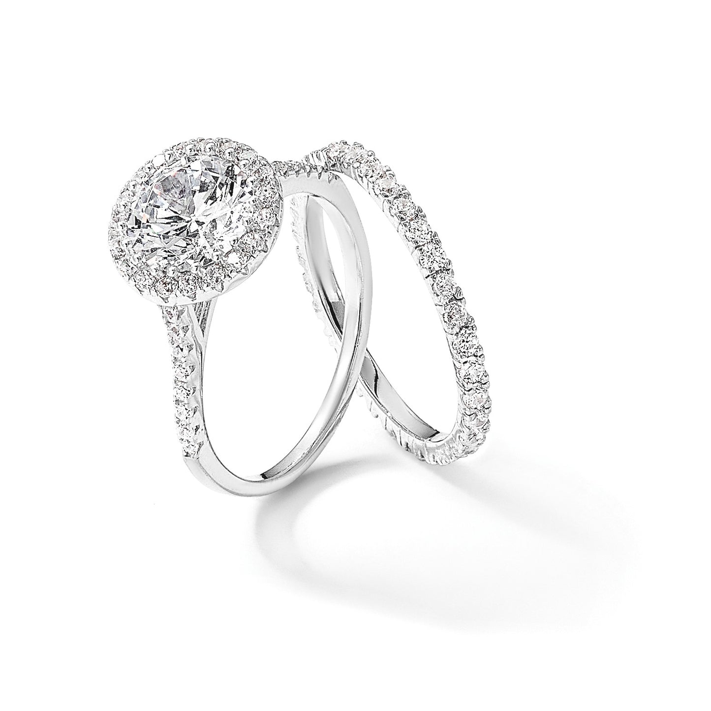 Sterling Silver RH-plated CZ Halo Engagement Ring and Eternity Band Set