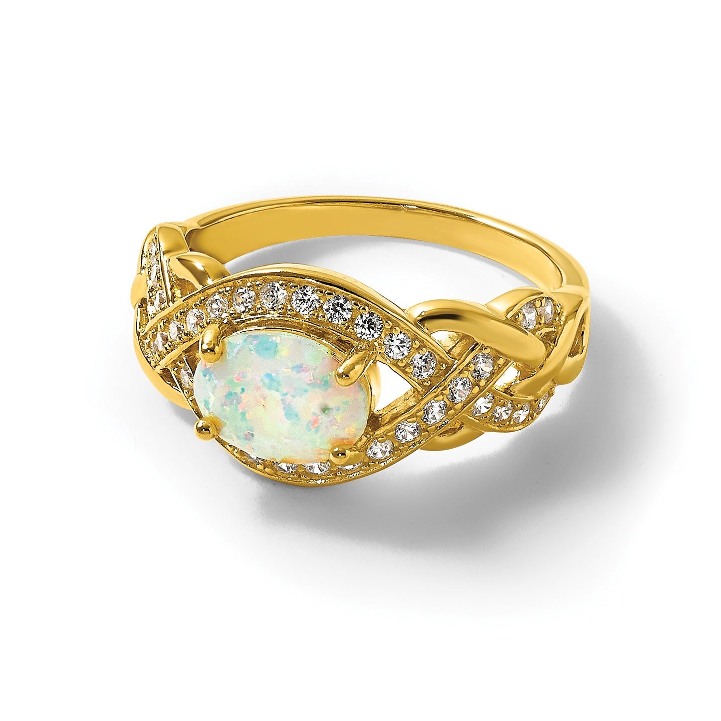 Sterling Silver Gold-tone Polished CZ and Lab Created Opal Size 7 Twisted Ring