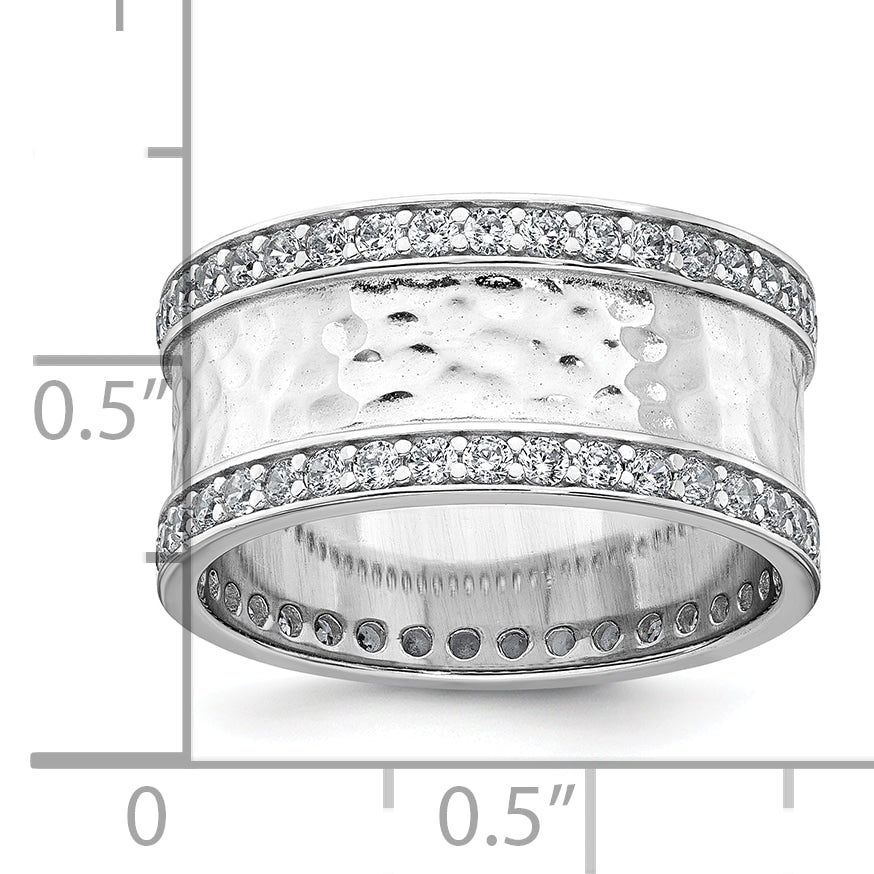 Sterling Silver Rhodium-plated CZ Polished And Hammered 9.5mm Band Size 6 Ring