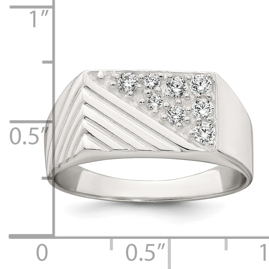 Sterling Silver Polished and Grooved White CZ Size 9 Mens Ring