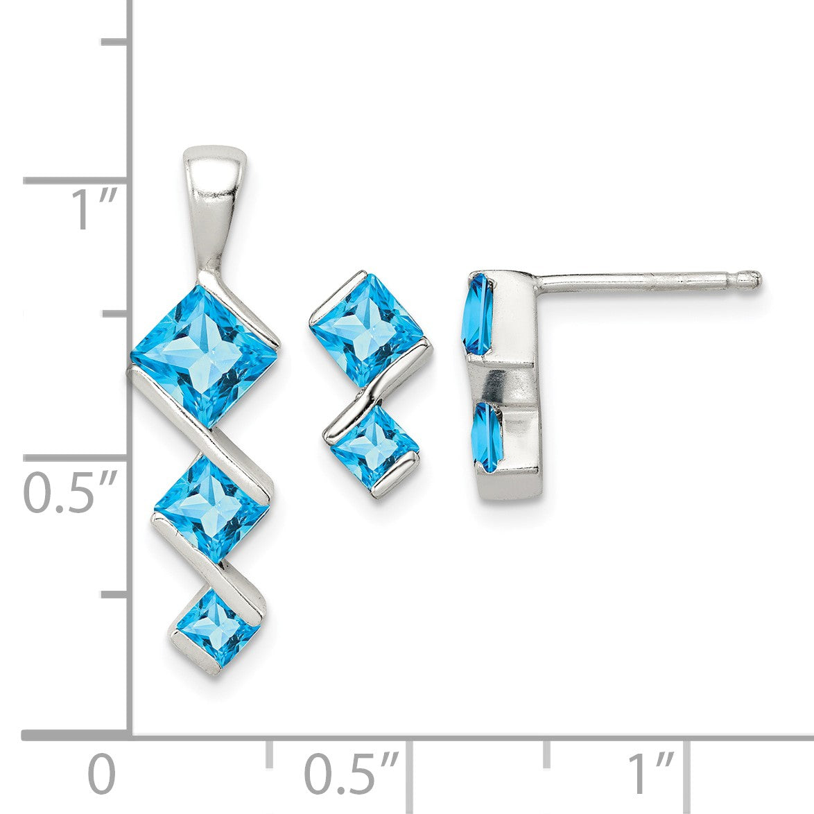 Sterling Silver Polished Blue Topaz Pendant and Post Earrings Set