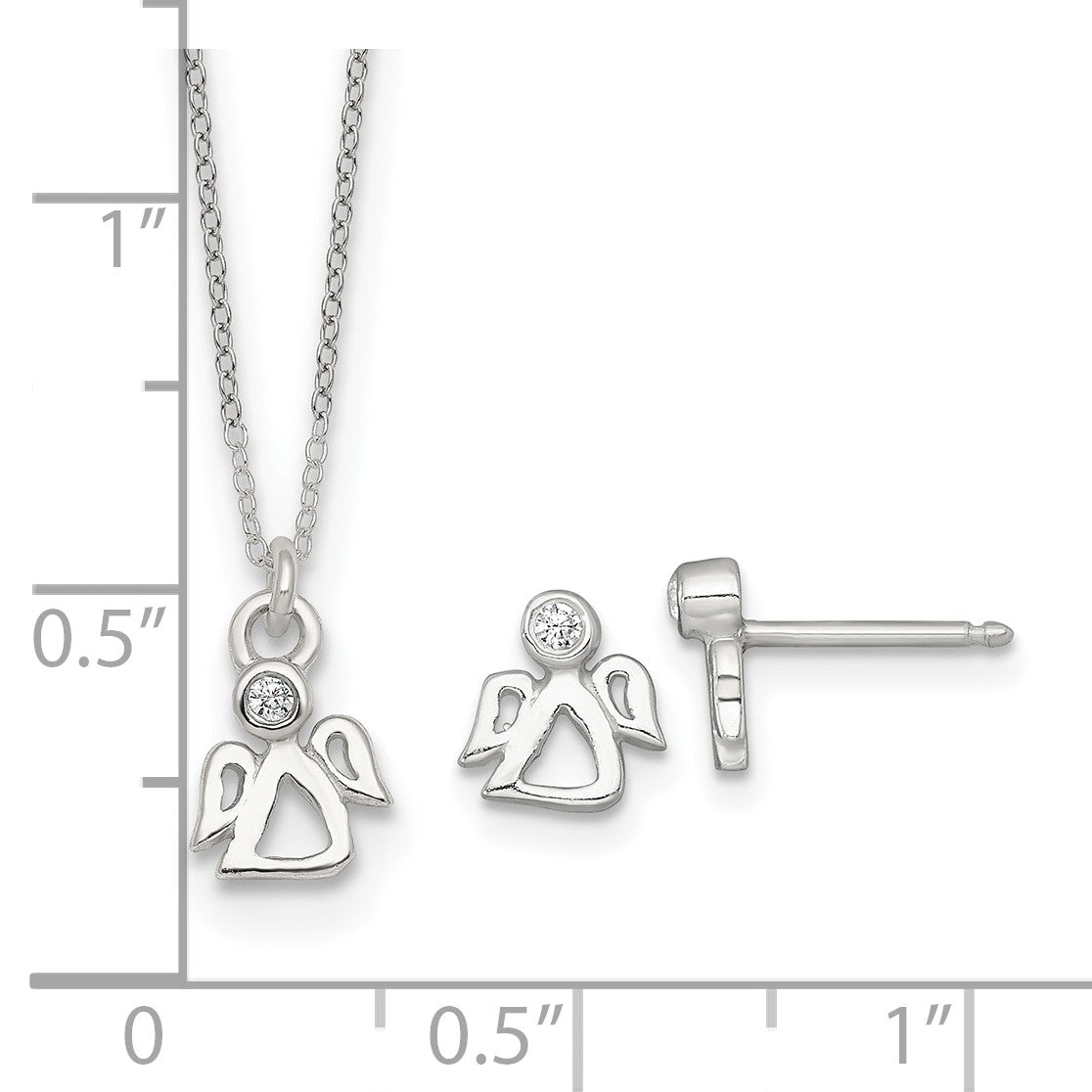 Sterling Silver Polished White CZ Angel Childrens 14 inch Necklace and Post Earrings Set