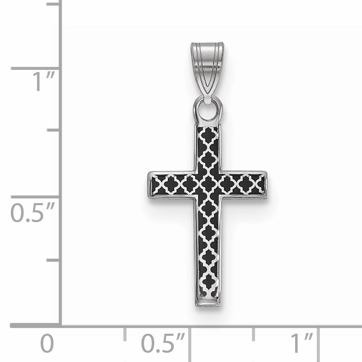 Sterling Silver Rhodium-plated Black Enameled Cross Hatch Cross Charm