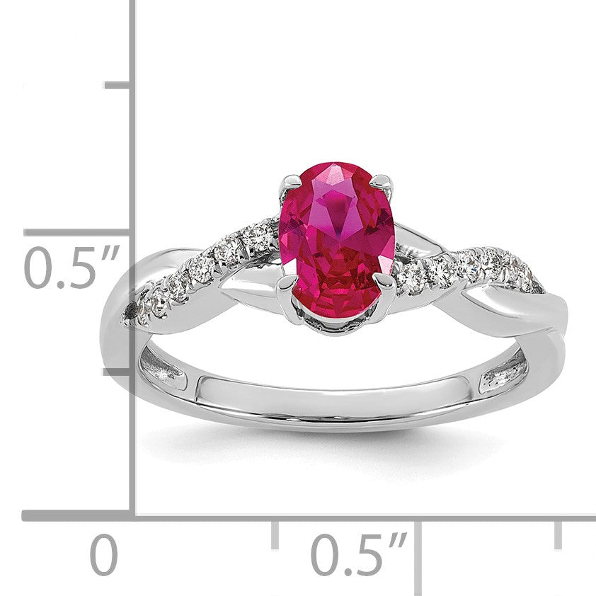 14k White Gold Lab Created Ruby & 1/10 carat Lab Grown Diamond VS/SI+ G+ Oval July Birthstone Complete Ring