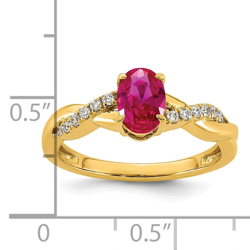 14k Lab Created Ruby & 1/10 carat Lab Grown Diamond VS/SI+ G+ Oval July Birthstone Complete Ring