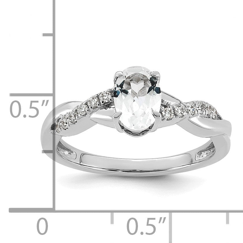 14k White Gold White Topaz & 1/10 carat Lab Grown Diamond VS/SI+ G+ Oval April Birthstone Complete Ring