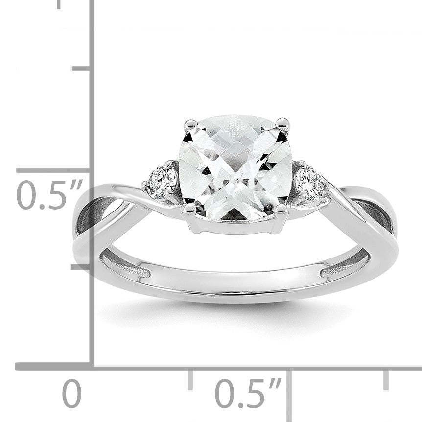 14k White Gold Checkerboard White Topaz & 1/10 carat Lab Grown Diamond VS/SI+ G+ April Birthstone Complete Ring
