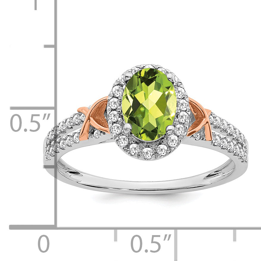 14k White and Rose Gold 7x5mm Oval Peridot and 1/4 carat Diamond Halo Ring