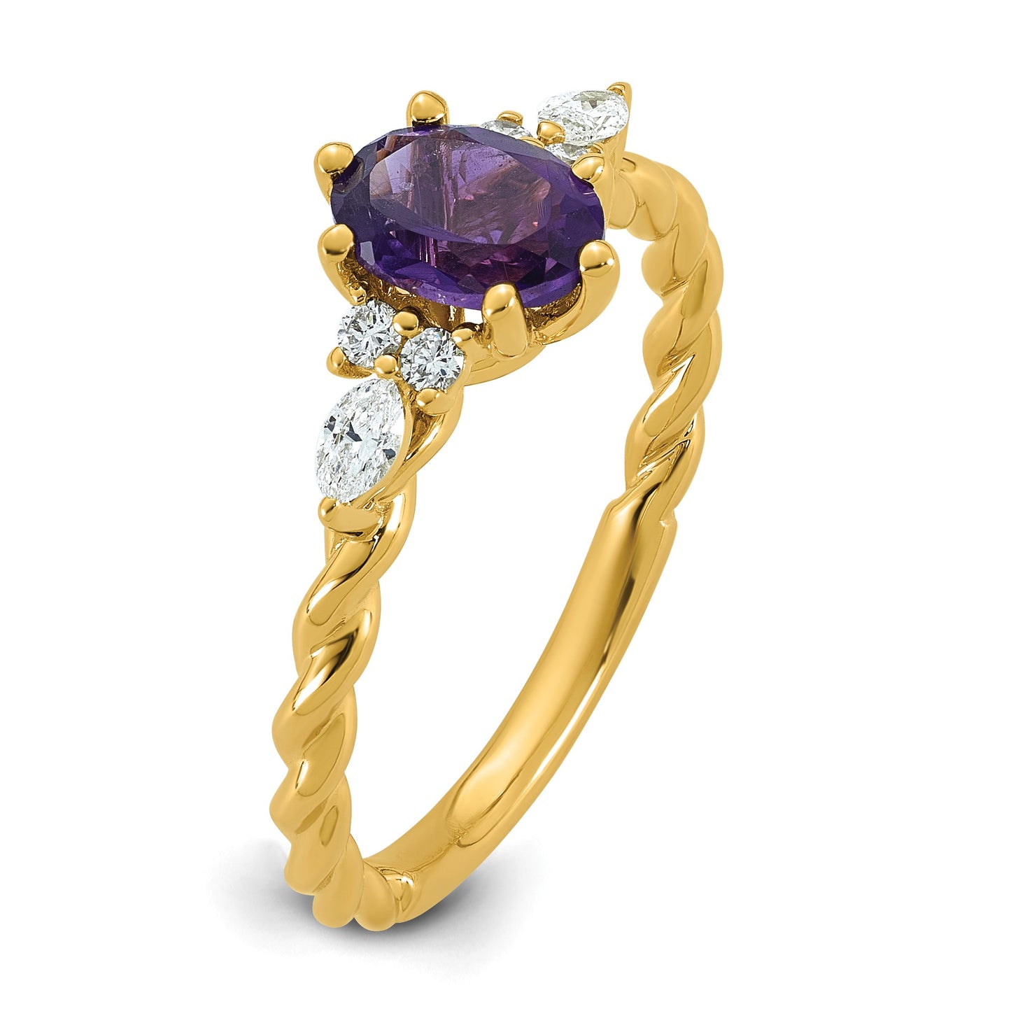 14K Diamond and 7x5 Oval February/Amethyst Size 7 Twisted Ring