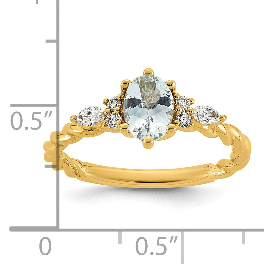 14k Polished Aquamarine & 1/6 carat Lab Grown Diamond VS/SI+ G+ March Birthstone Complete Twisted Ring